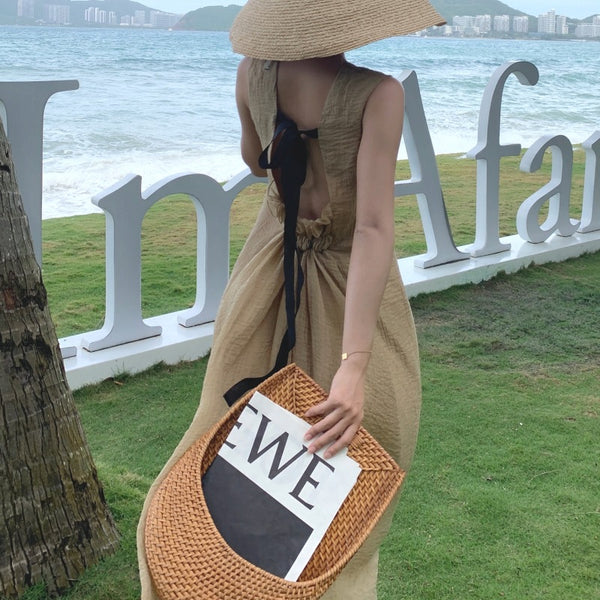 Stylish Temperament Back Bow Tie Holiday Beach High Backless Sleeveless Banquet Party Light Brown Long Dress