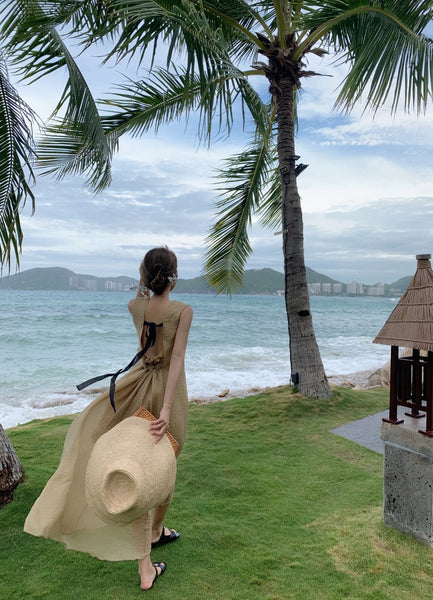 Stylish Temperament Back Bow Tie Holiday Beach High Backless Sleeveless Banquet Party Light Brown Long Dress