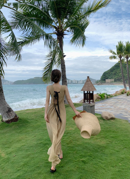 Stylish Temperament Back Bow Tie Holiday Beach High Backless Sleeveless Banquet Party Light Brown Long Dress