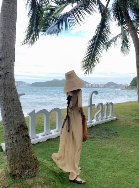 Stylish Temperament Back Bow Tie Holiday Beach High Backless Sleeveless Banquet Party Light Brown Long Dress