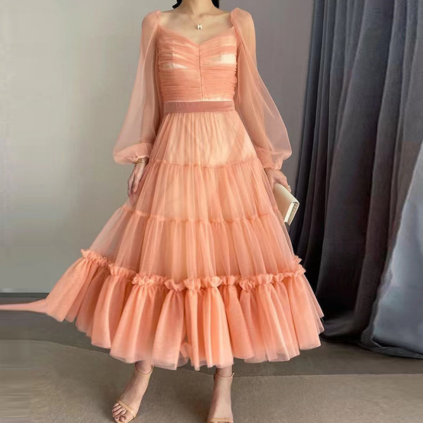 Spring Temperament Sexy Women High Quality Backless Wrap Bust Slim Fit Pleated Long Sleeves Cake Dress