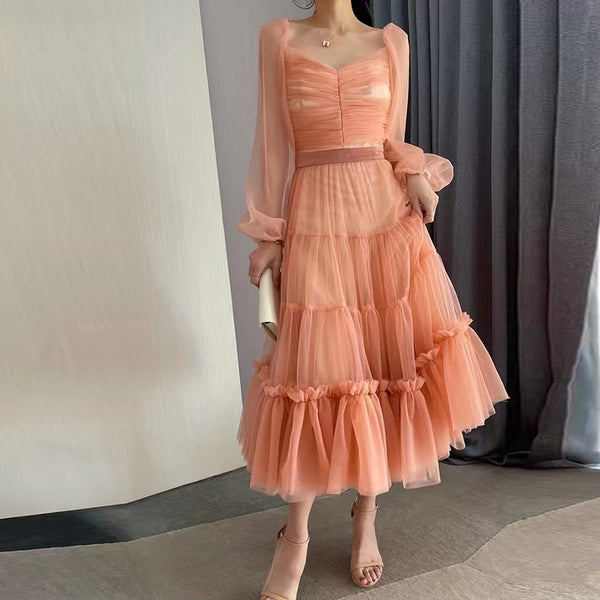 Spring Temperament Sexy Women High Quality Backless Wrap Bust Slim Fit Pleated Long Sleeves Cake Dress