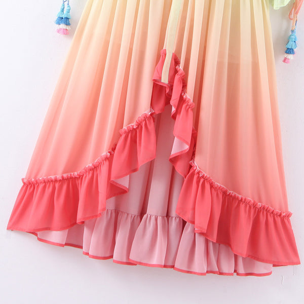 Holiday Vacation Sexy Women V-neck Irregular Hem Gradient Rainbow Color Tassel Long Dress