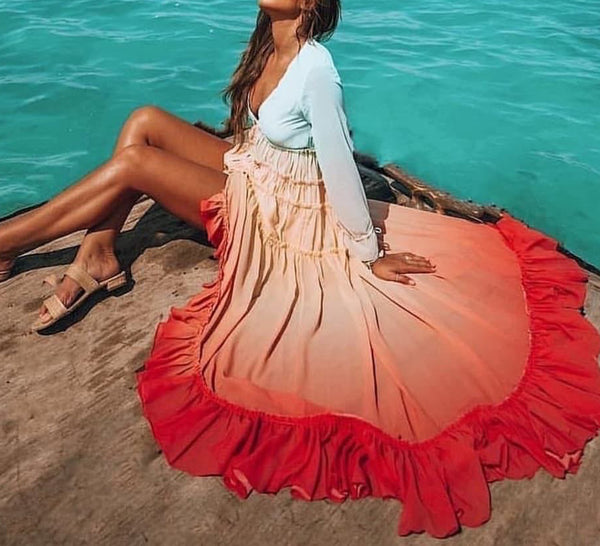 Holiday Vacation Sexy Women V-neck Irregular Hem Gradient Rainbow Color Tassel Long Dress