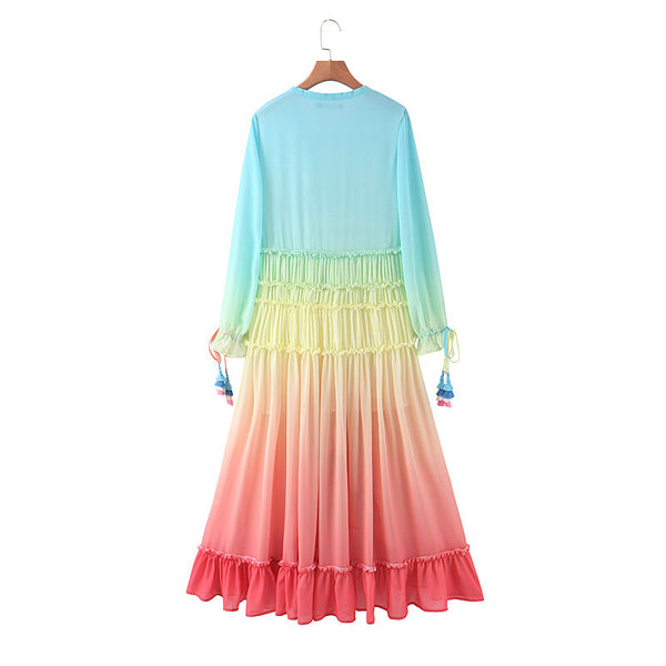 Holiday Vacation Sexy Women V-neck Irregular Hem Gradient Rainbow Color Tassel Long Dress