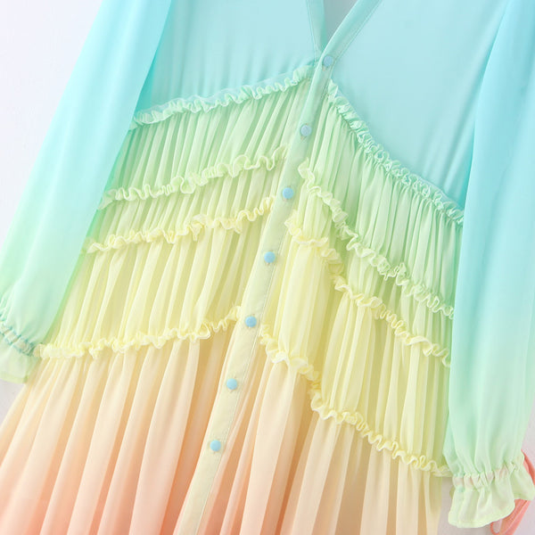 Holiday Vacation Sexy Women V-neck Irregular Hem Gradient Rainbow Color Tassel Long Dress