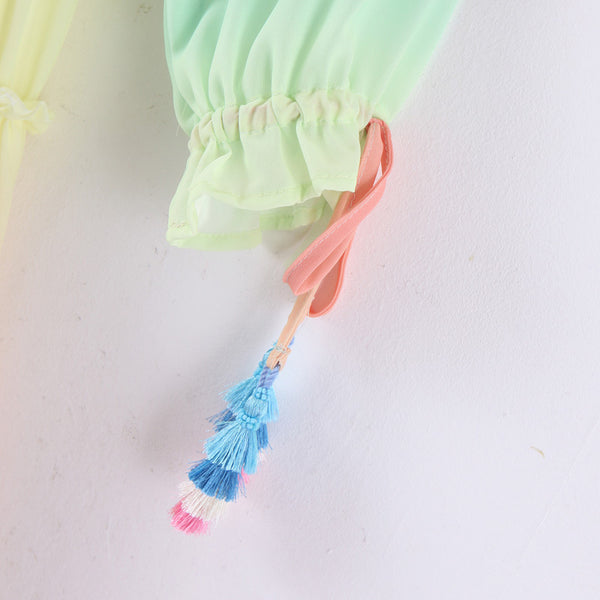 Holiday Vacation Sexy Women V-neck Irregular Hem Gradient Rainbow Color Tassel Long Dress