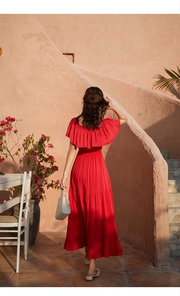 Summer Holiday Out Going Travel Beach Wear Off Shoulder Flattering Ruffle Long Maxi Dress