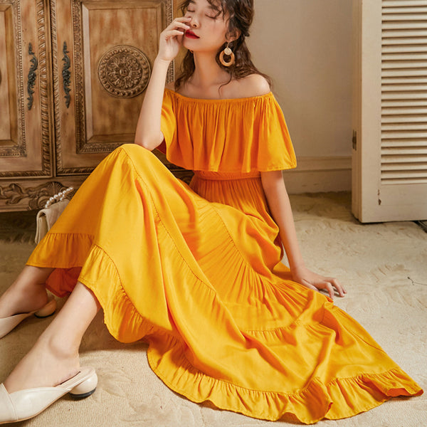 Summer Holiday Out Going Travel Beach Wear Off Shoulder Flattering Ruffle Long Maxi Dress