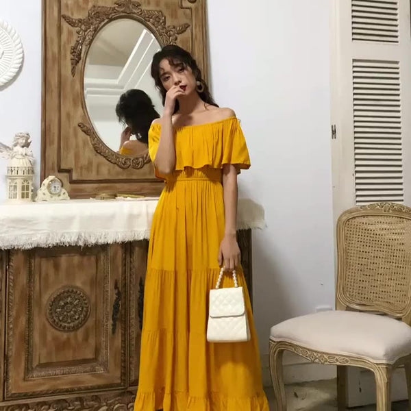 Summer Holiday Out Going Travel Beach Wear Off Shoulder Flattering Ruffle Long Maxi Dress