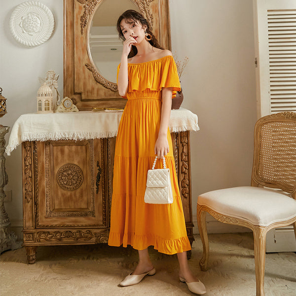 Summer Holiday Out Going Travel Beach Wear Off Shoulder Flattering Ruffle Long Maxi Dress