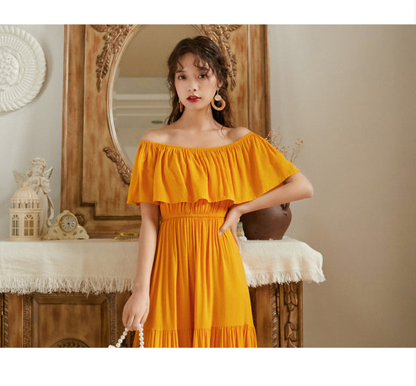 Summer Holiday Out Going Travel Beach Wear Off Shoulder Flattering Ruffle Long Maxi Dress