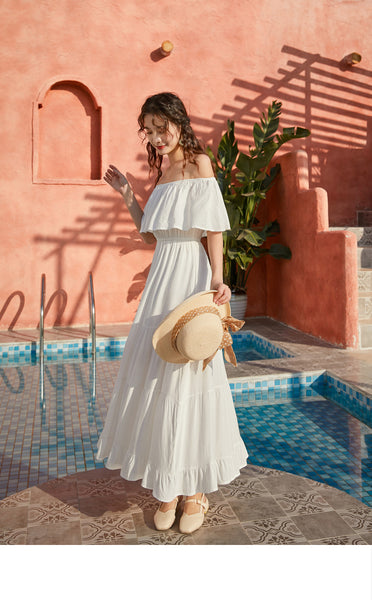 Summer Holiday Out Going Travel Beach Wear Off Shoulder Flattering Ruffle Long Maxi Dress