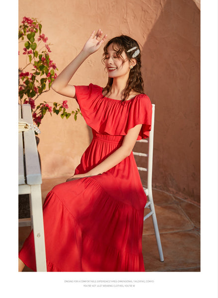 Summer Holiday Out Going Travel Beach Wear Off Shoulder Flattering Ruffle Long Maxi Dress