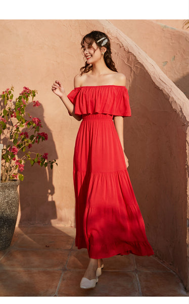 Summer Holiday Out Going Travel Beach Wear Off Shoulder Flattering Ruffle Long Maxi Dress