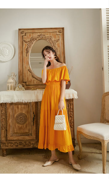 Summer Holiday Out Going Travel Beach Wear Off Shoulder Flattering Ruffle Long Maxi Dress