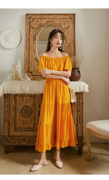 Summer Holiday Out Going Travel Beach Wear Off Shoulder Flattering Ruffle Long Maxi Dress