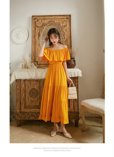 Summer Holiday Out Going Travel Beach Wear Off Shoulder Flattering Ruffle Long Maxi Dress