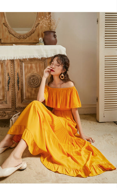 Summer Holiday Out Going Travel Beach Wear Off Shoulder Flattering Ruffle Long Maxi Dress
