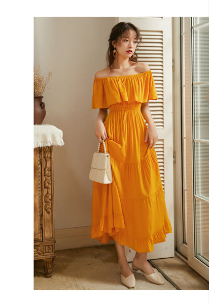 Summer Holiday Out Going Travel Beach Wear Off Shoulder Flattering Ruffle Long Maxi Dress