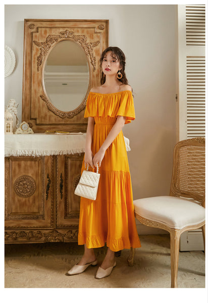 Summer Holiday Out Going Travel Beach Wear Off Shoulder Flattering Ruffle Long Maxi Dress