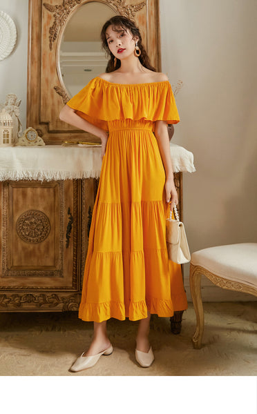 Summer Holiday Out Going Travel Beach Wear Off Shoulder Flattering Ruffle Long Maxi Dress