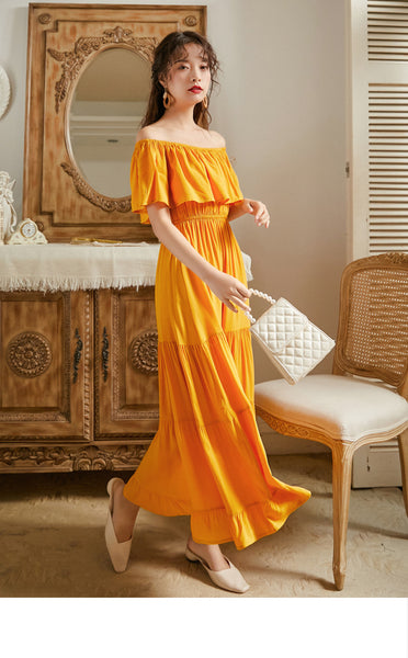 Summer Holiday Out Going Travel Beach Wear Off Shoulder Flattering Ruffle Long Maxi Dress