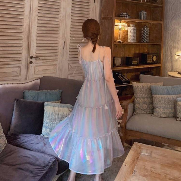 Fairy Seaside Holiday Backless Colorful Halter Neck Spaghetti Strap Skirt Loose Fit Long Dress