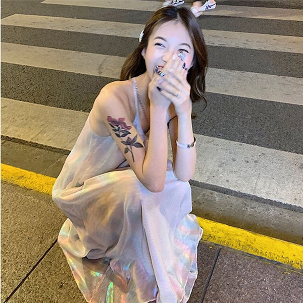 Fairy Seaside Holiday Backless Colorful Halter Neck Spaghetti Strap Skirt Loose Fit Long Dress