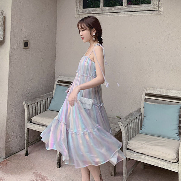 Fairy Seaside Holiday Backless Colorful Halter Neck Spaghetti Strap Skirt Loose Fit Long Dress