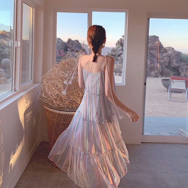 Fairy Seaside Holiday Backless Colorful Halter Neck Spaghetti Strap Skirt Loose Fit Long Dress