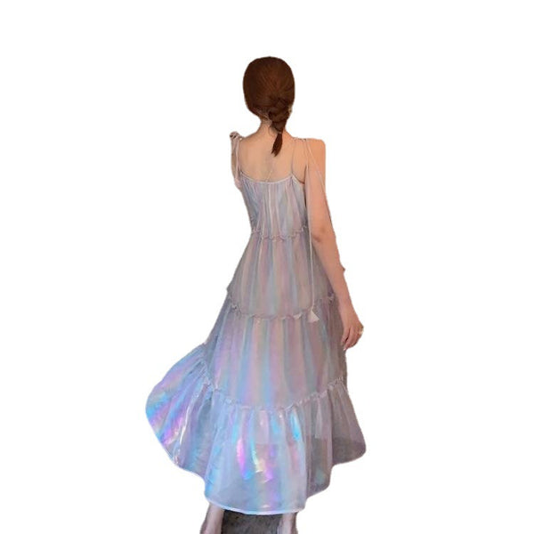 Fairy Seaside Holiday Backless Colorful Halter Neck Spaghetti Strap Skirt Loose Fit Long Dress