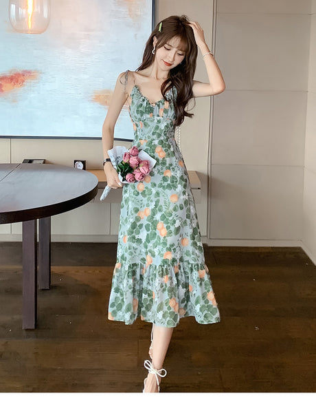 Fairy Attractive Seaside Holiday Green Floral Printed V Neck Spaghetti Strap Pleated A Line Long Dress