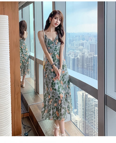 Fairy Attractive Seaside Holiday Green Floral Printed V Neck Spaghetti Strap Pleated A Line Long Dress