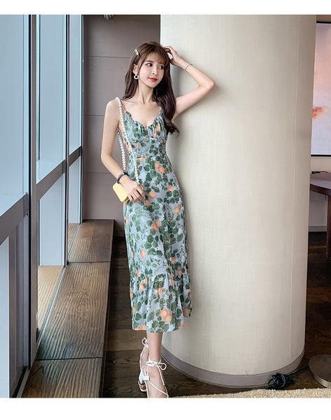 Fairy Attractive Seaside Holiday Green Floral Printed V Neck Spaghetti Strap Pleated A Line Long Dress