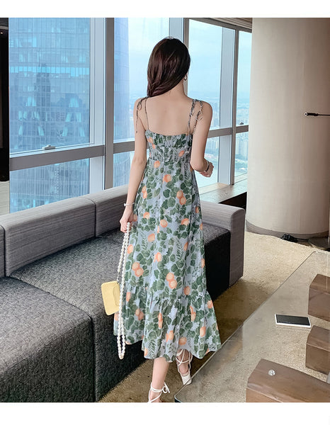 Fairy Attractive Seaside Holiday Green Floral Printed V Neck Spaghetti Strap Pleated A Line Long Dress