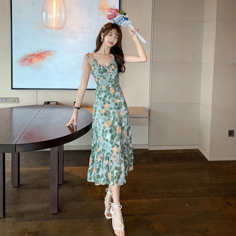 Fairy Attractive Seaside Holiday Green Floral Printed V Neck Spaghetti Strap Pleated A Line Long Dress