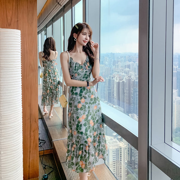 Fairy Attractive Seaside Holiday Green Floral Printed V Neck Spaghetti Strap Pleated A Line Long Dress