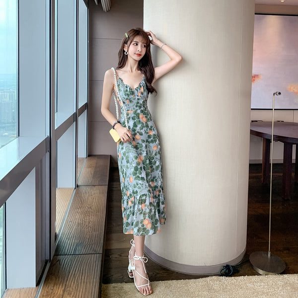Fairy Attractive Seaside Holiday Green Floral Printed V Neck Spaghetti Strap Pleated A Line Long Dress