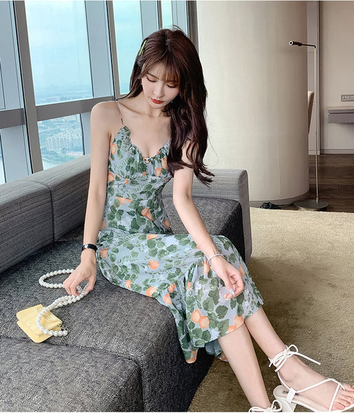 Fairy Attractive Seaside Holiday Green Floral Printed V Neck Spaghetti Strap Pleated A Line Long Dress