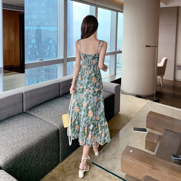 Fairy Attractive Seaside Holiday Green Floral Printed V Neck Spaghetti Strap Pleated A Line Long Dress