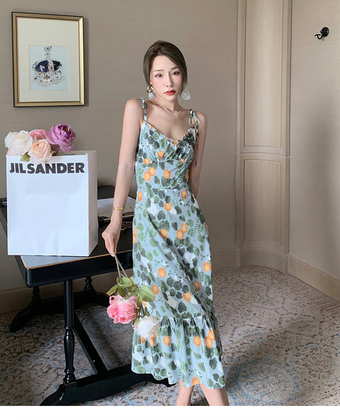 Fairy Seaside Holiday Chic Women Floral Printed V Neck Spaghetti Strap Pleated A Line Long Ruffle Dress