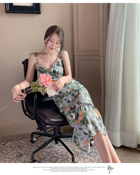 Fairy Seaside Holiday Chic Women Floral Printed V Neck Spaghetti Strap Pleated A Line Long Ruffle Dress