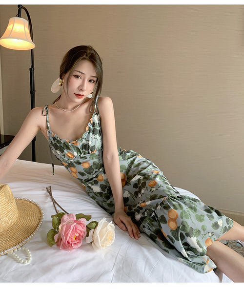 Fairy Seaside Holiday Chic Women Floral Printed V Neck Spaghetti Strap Pleated A Line Long Ruffle Dress