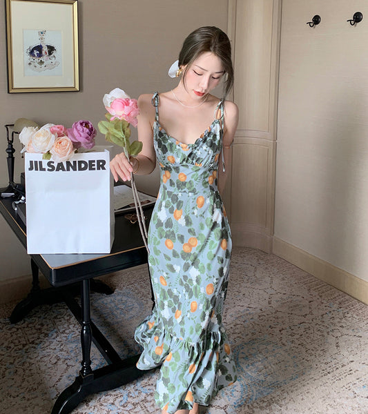 Fairy Seaside Holiday Chic Women Floral Printed V Neck Spaghetti Strap Pleated A Line Long Ruffle Dress