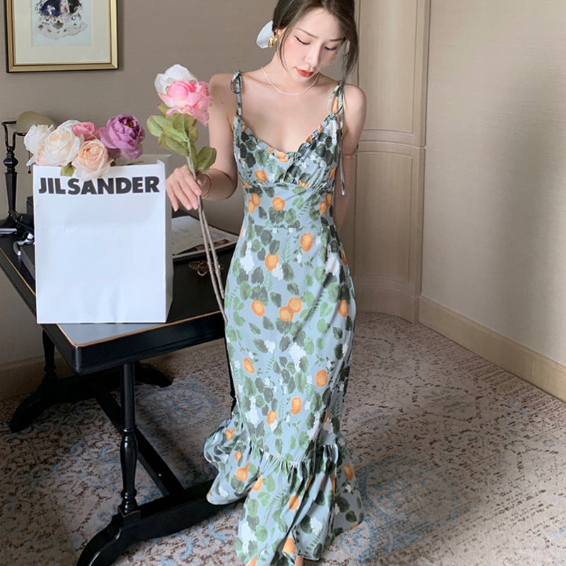 Fairy Seaside Holiday Chic Women Floral Printed V Neck Spaghetti Strap Pleated A Line Long Ruffle Dress