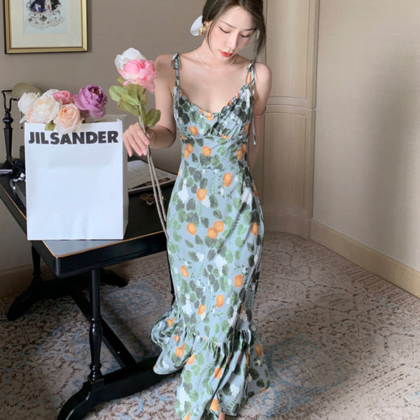 Fairy Seaside Holiday Chic Women Floral Printed V Neck Spaghetti Strap Pleated A Line Long Ruffle Dress