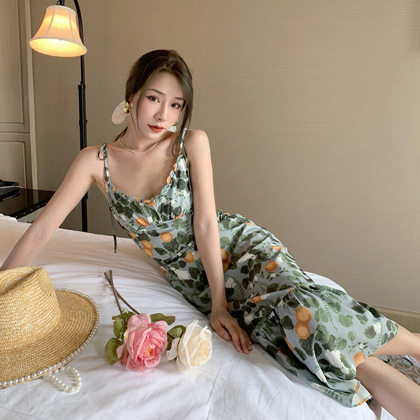 Fairy Seaside Holiday Chic Women Floral Printed V Neck Spaghetti Strap Pleated A Line Long Ruffle Dress