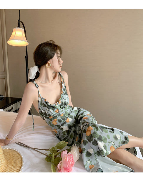 Fairy Seaside Holiday Chic Women Floral Printed V Neck Spaghetti Strap Pleated A Line Long Ruffle Dress