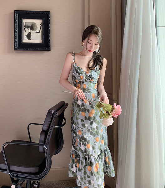 Fairy Seaside Holiday Chic Women Floral Printed V Neck Spaghetti Strap Pleated A Line Long Ruffle Dress